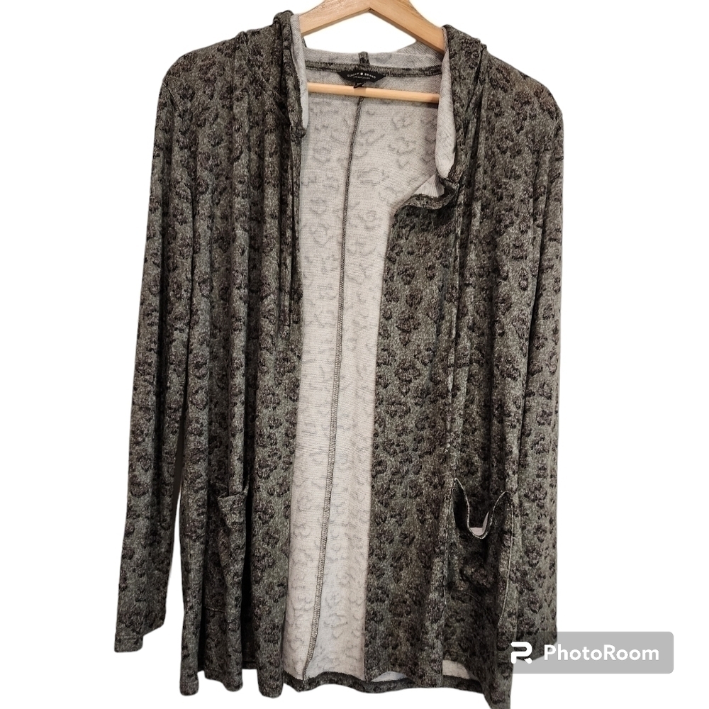 Lucky Brand Sweater Womens XS Green Leopard Print Hooded Open Front Cardigan